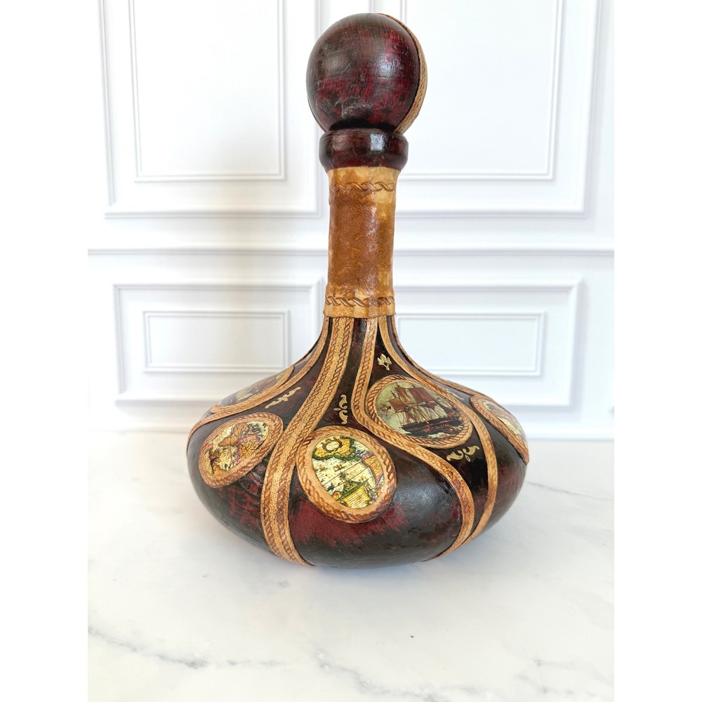 VTG‎ Italian Leather Wrapped Decanter Nautical Maps Ship Schooner 10.5"